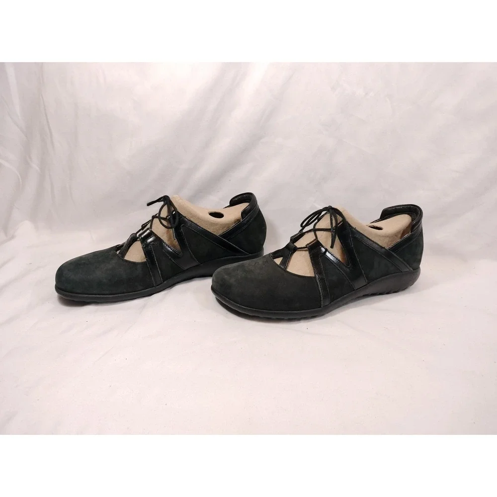 Naot Timu Black Suede Patent Leather Lace Up Ghillie Flats - Picture 2 of 5